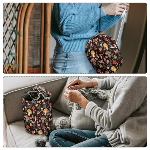 Image of Sellikakes Mushroom Yarn Bag, Small Crochet Bag Organizer, Drawstring Yarn Storage Knitting Bags, Portable Mini Yarn Holder for Crocheting Project