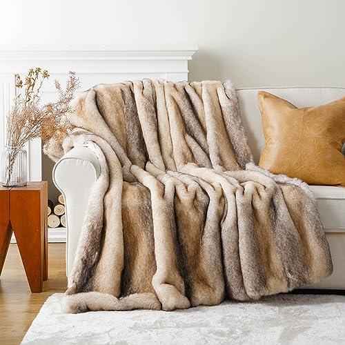 Luxury Plush Faux Fur Throw Blanket Golden Yellow with Black Tipped