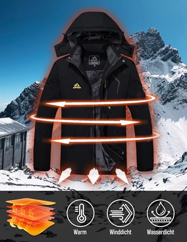 MAGCOMSEN Arbeitsjacke Herren Warm Gefüttert Ski Jacke Übergangsjacke Verdickt Winterjacke Männer Atmungsaktiv Jagdjacke Wasserdicht Dicke Thermo mit Stehkragen Schwarz L