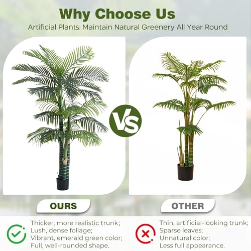 Image of 6FT Artificial Golden Cane Palm Tree, Potted Faux Trees | UV Resistant Indoor /Outdoor Fake Plant with Black Pot, Realistic Tropical Decor for Patio, Living Room, Office