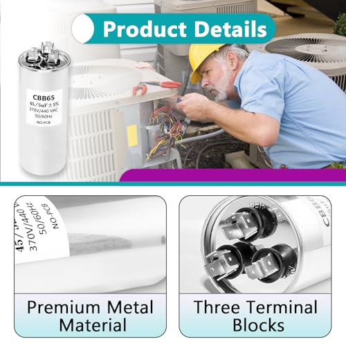 TRCFD455 45+5 MFD 440/370V Round Dual Motor Run Capacitor Fit for Air Conditioner Compressors or Heat Pump or Condenser Straight Cool and More