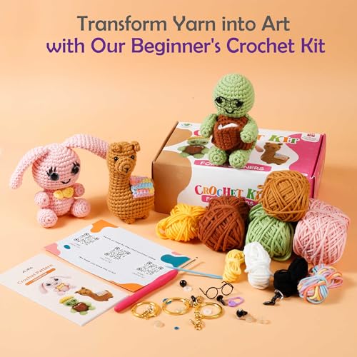 Image of A-URA 3-in-1 Learn to Crochet Kit for Beginners Kids and Adults, Premium Pattern Sunflower, Panda Cactus, Hanging Pot Plant Beginner Crochet Kits with Easy Tube Yarn (3, Animal Pattern)