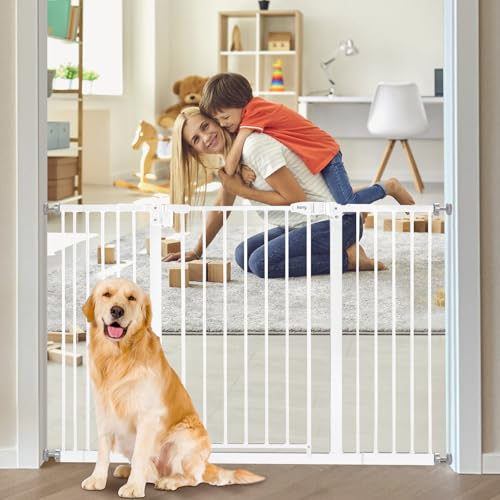 Image of keny 29 inch-47.3 inch Extra Wide Baby Gate for Stairs, Auto Close Safety Dog Gate | Pressure Mounted No Drilling Pet Gate for Doorways, Easy Walk Through Stair Gate for Kids Todder, 30 inch Tall, White