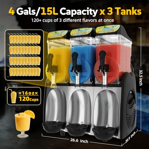 Image of 45L Commercial Slushie Machine, 3 Tank Margarita Machine 120 Grande Cups | 5-in-1 Slushie Machine with Auto Clean, 12 Gal LED Frozen Drink Machine for Bar Restaurant, Business, Party, Fast Cooling