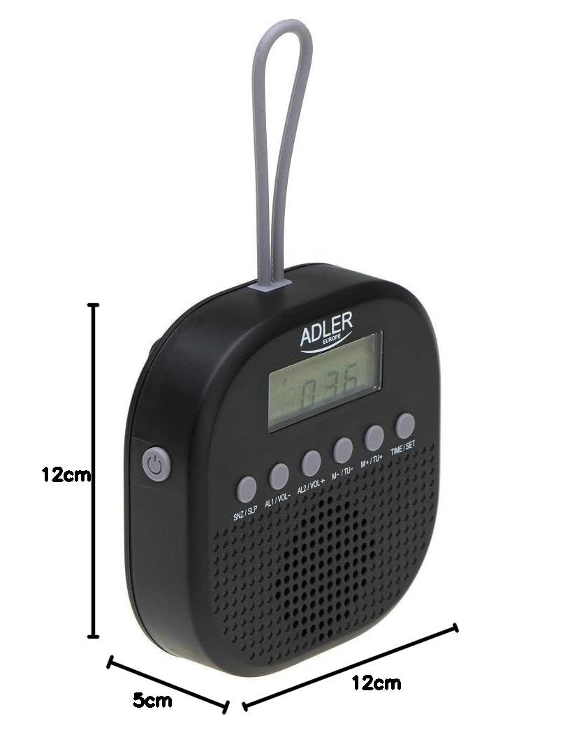 Adler Radio de Salle de Bain numérique AD 1912, IPX4 étanche, FM 87,5-108 MHz, écran LCD, Fonction Double Alarme, Fonction répétition, Crochet en Silicone Souple, Noir
