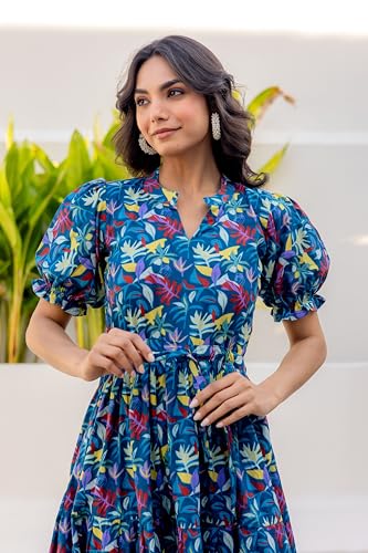 Image of LABEL ADRIJA Pure Cotton Calf Length Midi Dress for Women Floral Print | Flared Anarkali Dress Puff Sleeves