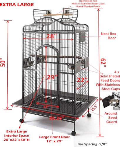 2 Color, Extra Large Wrought Iron Dome Top for Macaw Goffin's Cockatoo Cockatiels African Grey Amazon Parrots Green Cheek Conures Caique Bird Cage with Rolling Stand (Black-Vein)
