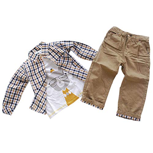 Image of Boy's Plaid Tops and Koala Printed T-Shirt and Pants 3 Pieces Clothing Sets (Khaki,3-4 Years)