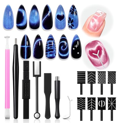 modelones Cat Eye Magnet Set 15PCS Multi-Shape Nail Magnet for Cateye Gel Polish Heart Moon Flower Square Effects with Bead-Attracting Nail Art Tool UV/LED Lamp Required DIY Toenails Nail Art