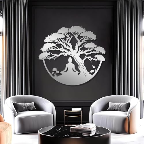 Décoration Murale en métal - Arbre de Vie avec Bouddha - Panneau Spirituel Zen Suspendu - Décoration de Yoga pour Salle de méditation ou Salon (Argent 42 x 47 cm)