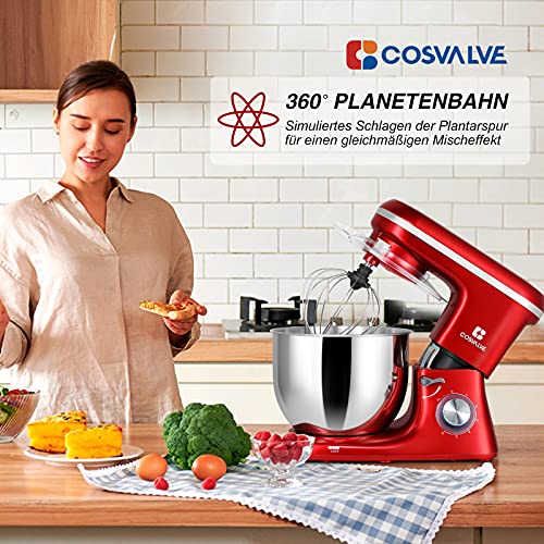 COSVALVE Küchenmaschine Knetmaschine 1400W, 7L Edelstahlschüssel mit Rührbesen, Knethaken, Schlagbesen, Spritzschutz, 6… – Bild 4