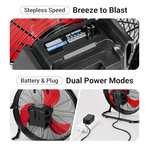 Image of 18 inch Brushless Cordless Floor Fan Compitable with Milwaukee 18V Battery(Tool Only), 2500 CFM Quiet Industrial Fan with AC Adapter, 5 Speeds 360Tilt Portable Metal Shop Fan for Garage Jobsite Camping