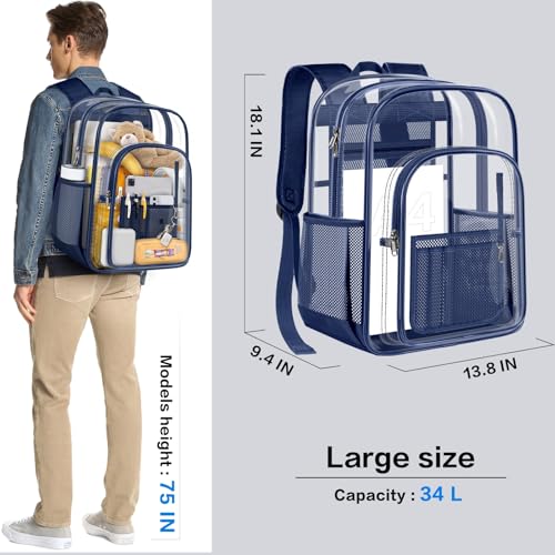 Image of PAMANO Clear Backpack Transparent Heavy Duty Bookbag See Through Bag for College Work Travel Security, Navy XL