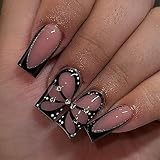 French Tip Fake Nails Square Medium Press on Nails Black Nail Tip with Glitter Acrylic Nails False N