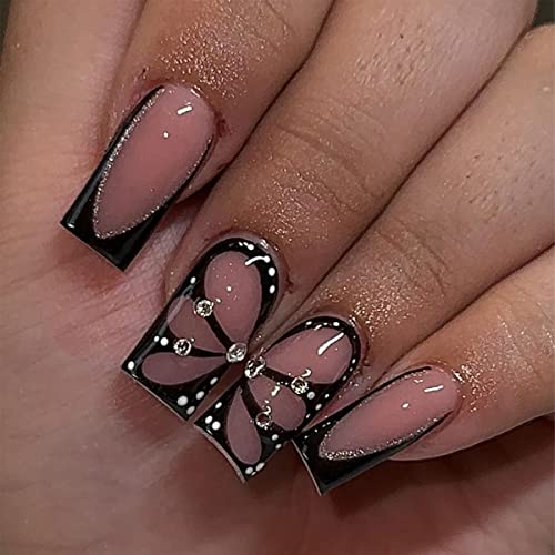 French Tip Fake Nails Square Medium Press On Nails Black Nail Tip With Glitter Acrylic Nails False Nails With Butterfly And Flower Designs Glossy Square Press On Nails For Women Girls Nail Decorations #TOP7