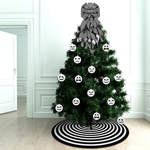 Canlierr 26 Pcs Christmas Halloween Ornaments Black And White Tree Skirt 24Pcs Hanging Wooden Ornaments Large Buffalo Plaid Christmas Tree Topper Bow For Indoor Outdoor Holiday Party Supplies #TOP4