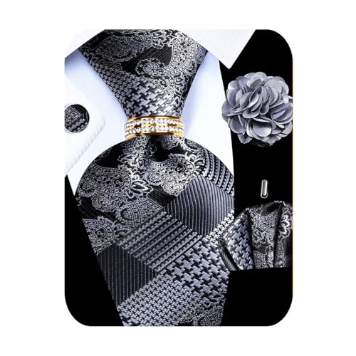 Image of 5PCS Mens Silk Designer Tie, Pocket Square, Cufflinks, Drilled Tie Ring and Lapel Pin Set for Wedding Groom Party