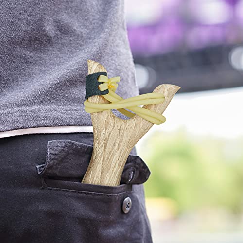 Relaxdays Profi Steinschleuder, Slingshot mit 6 Schleudergummis, Jagdschleuder 2er Set, Katapultschleuder aus Holz, gelb