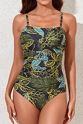 Image of Smismivo Tummy Control Swimwear Strapless One Piece Swimsuit Ruched Bathing Suits for Women Slimming Bandeau Tube Top Bikini