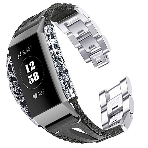 SUPERLOVE Bracelet De Montre pour Fitbit Charge 3 Rétro Cuir Véritable Bracelet De Remplacement en Métal Bracelet De Bracelet De Bracelet