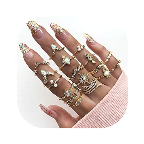 POYDORA Vintage Gold Knuckle Ring Set Bohemian Retro Blue Rhinestone Joint Knuckle Nail Midi Ring Finger Rings Set (17 Pcs)