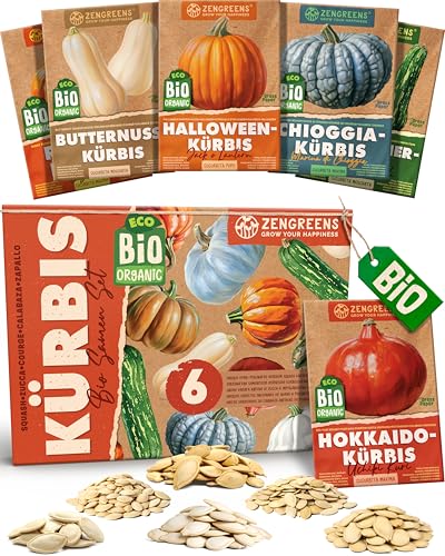 ZenGreens® - Bio Kürbissamen im 6er Set - 6 Kürbis Samen für den einfachen Anbau im Garten, Balkon oder Hochbeet - Pflanzensamen - Saatgut
