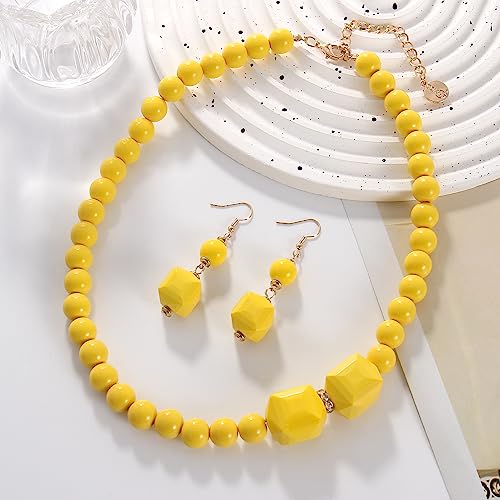 Coiris Chunky Acrylic Beads Strand Necklaces Set,Statement Geometric Beads Necklace Earrings,Acrylic African Beaded Necklace for Accessory Jewelry4