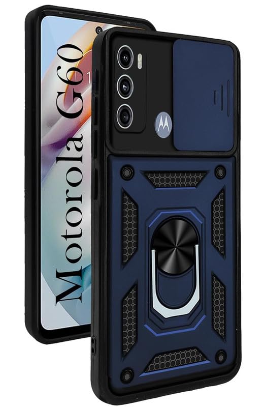Image of Robot Ring Thunder Case, Shockproof Hybrid Kickstand Back Case Defender Cover for Moto G40 Fusion - Blue (Sliding Camera Window)