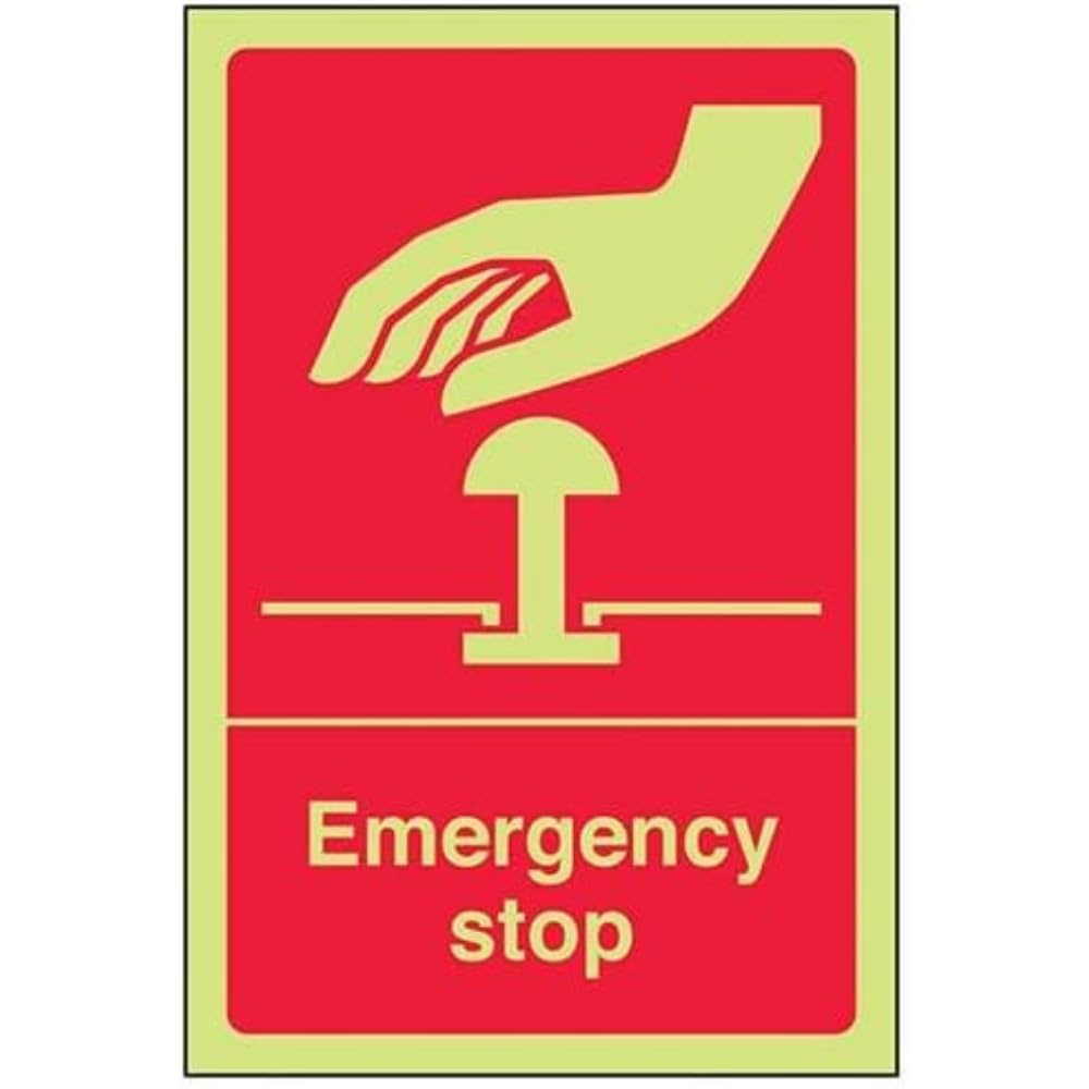 VSafety 23006AG-G "Emergency Stop" Safe Condition General Sign, Glow In The Dark, 1 mm Plastic, Portrait, 100 mm x 150 mm, Red