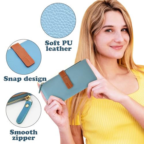 Womens Wallet, PU Leather Ladies Wallet Fashionable Long Wallet with Multiple Compartments, Large Capacity Women's Wallet for Bank Cards, ID Cards, Cash, Receipts (blue)2