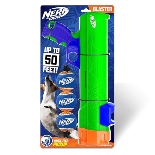 Nerf Dog Tennis Ball Blaster Dog Toy Gift Set, Tennis Ball Dog Fetch Toy Launches up to 50 ft, Dog Ball Thrower for All Breeds Includes Green Tennis Ball Launcher and 3 Dog Tennis Balls
