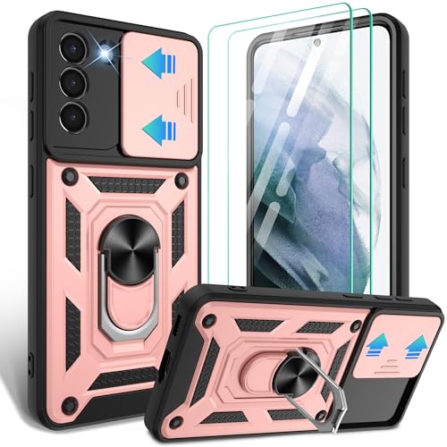 Coque antichoc Samsung S21 or rose avec anneau rotatif et vitre de protection