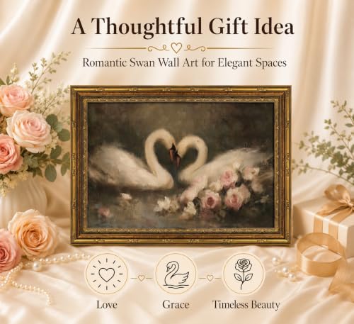 Image of Gold Framed 3D Textured Wall Art, Vintage Rose Swan Canvas Prints, Romantic Floral Heart Pictures Decor, French Country Couple Oil-Style Artwork for Living Room Bedroom Bathroom 11x9 in