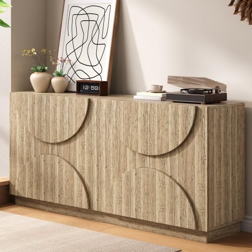 vutizal Sideboard Wohnzimmer mit Holzoptik & Bogenfronten, Aufbewahrungsschrank mit Federzug-Türen & Regalen, Esszimmer Sideboard, 160x40x80 cm