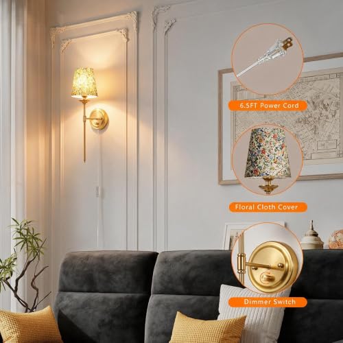 Image of Dimmable Plug in Wall Sconces Set of 2, Gold Bedside Wall Lamp with Knob Dimmer Switch and Flower Shade, 6.5FT Electric Cord Mid Century Modern Bathroom Wall Light Fixture for Bedroom Living Room