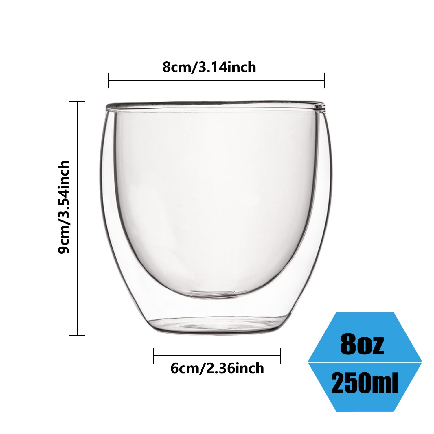 8oz Glass Coffee Mugs Set of 2, Double Walled Espresso Cups for Latte Cappuccino Cocoa Milk Cafe Juice, Clear Glass Tea Cup Set Glassware Gift for Christmas Birthday