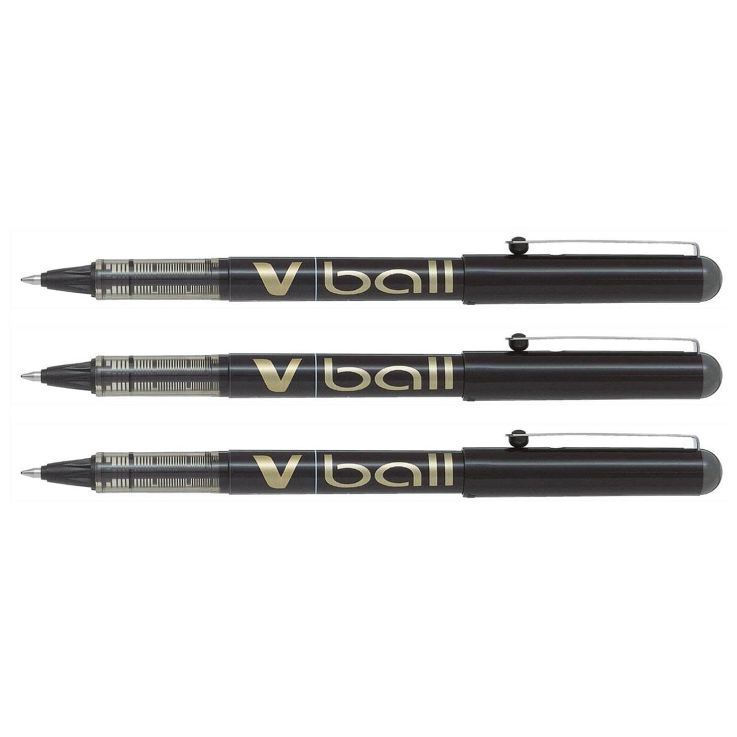 Pilot V Ball VB7 Rollerball Pens Liquid Ink Medium Metal Tip Black Pack of 3aa