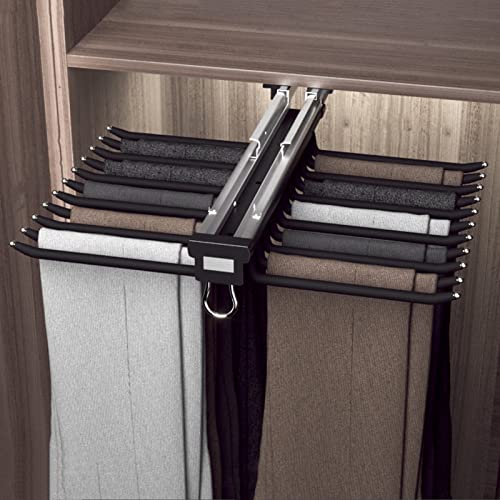 OLSKFUH Drawer Type Trouser Rack,Pull Out Pants Hangers,Pull Out Trousers Rack 10/22 Arms 2 Styles,Hanging Pull Out Pants Rack Closet Valet Rod,Double Row Damping Rails,Extenda,FullBlack-60x46cm