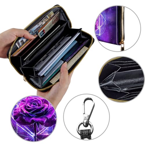 Image of Women's Wallets,Credit Card Holder Money Leather Long Wallet with Wristlet,Large Capacity with Zip-Around Phone Purse for Women Ladies Girls,Luminous Purple Rose