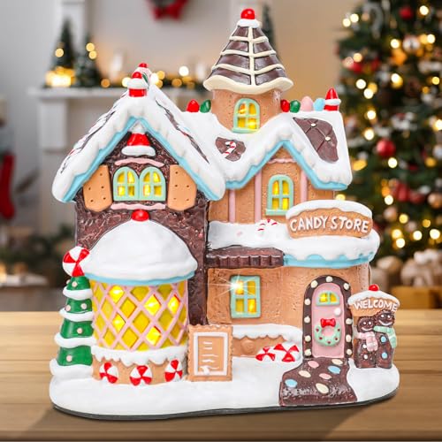Vipush Christmas Village House Charming Christmas Ceramic Candy Store Decoration with Lights – Perfect Illuminated Holiday Centerpiece for Your Festive Decor