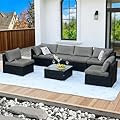 ZJEYEJZ 7 Pieces Black Patio Furniture Set - All-Weather Outdoor Sectional Wicker Conversation Sofa, Rattan Patio Seating Sofa Set with Grey Cushions and Glass Table for Porch Poolside, Spring 2026