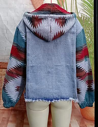 Happlan Hoodie Aztec Denim Jacket For Women Lapel Button Down Print Shirt Coat Shacket (0352-Red-L) #TOP6
