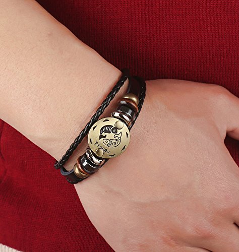 Hamoery Punk Alloy Leather Bracelet For Men Constellation Braided Rope Bracelet Bangle Wristband(Pisces) #TOP5