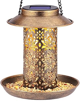 SWEETFULL Solar Bird Feeder for Outdoors Hanging, Metal Wild Bird Feeder for Cardinals Solar Garden Lantern with S Hook as Gift for Bird Lovers (2LBs Heavy Duty birdfeeders)