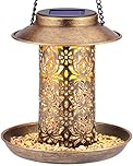 SWEETFULL Solar Bird Feeder for Outdoors Hanging, Metal Wild Bird Feeder for Cardinals Solar Garden Lantern with S Hook as Gift Ideas for Bird Lovers (2LBs Heavy Duty Weather Resistance birdfeeders)