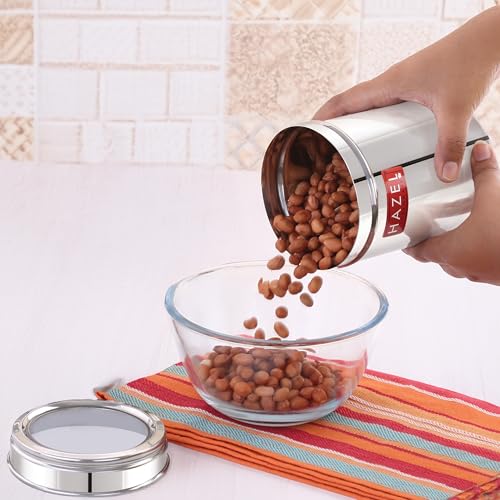 Image of HAZEL Stainless Steel Kitchen Container with Transparent Lid | Top See Through Kitchen Container Set with Matt Finish | Multipurpose Container for Kitchen Storage, 900 ML