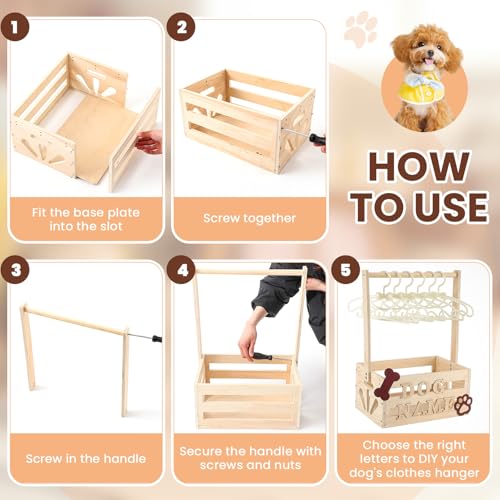 20" x 13" x 9" Wooden Dog Closet Pet Wardrobe Crate Box with Hanging Rods and Personalized Alphabet Letters Easy Assembly Baskets for Dog Cat Toys Clothes Accessories(Wood) - Image 4