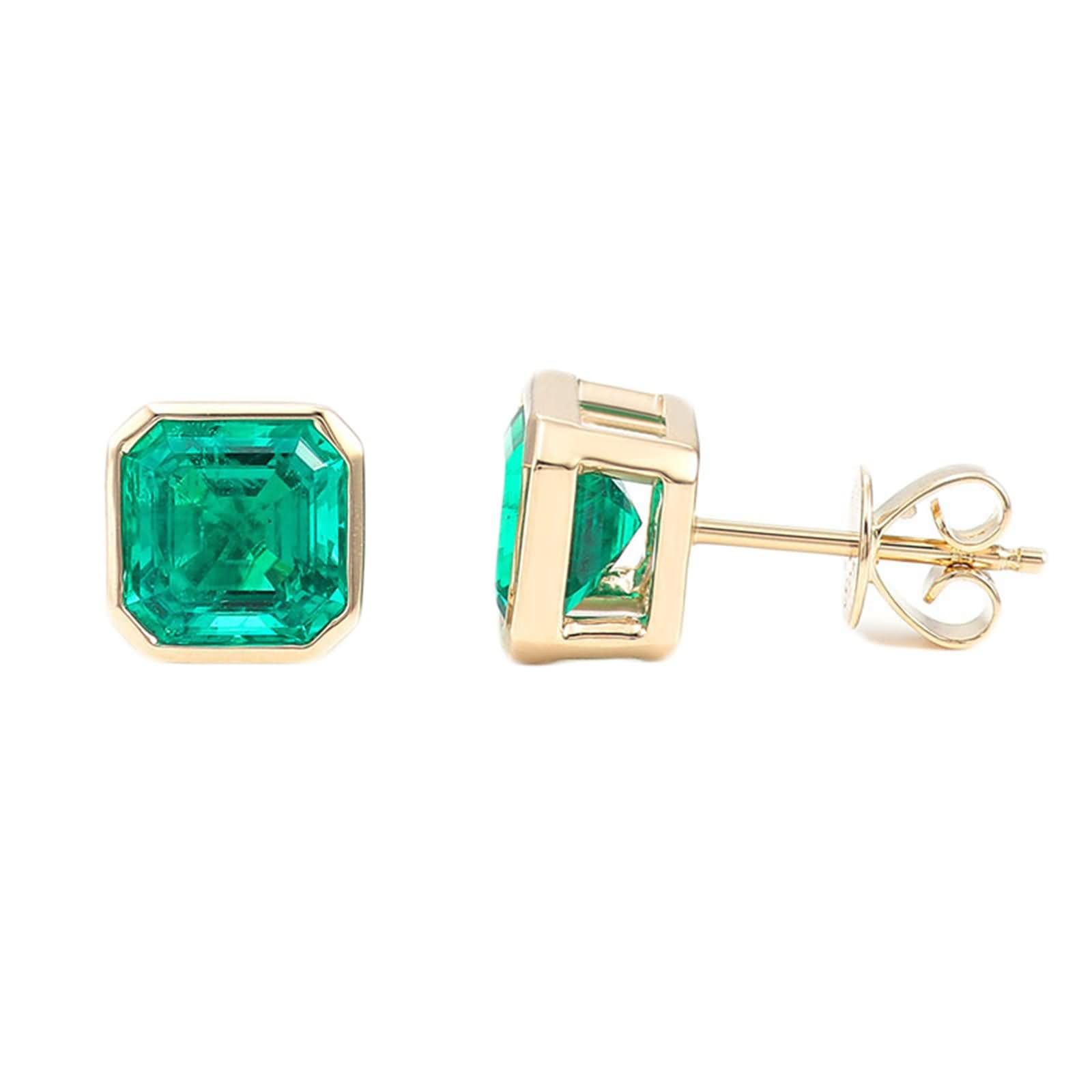 9K / 14K / 18 Karat Gold Ohrringe für Damen, Quadrat mit Erstellter Smaragd, Damen Ohrringe Ohrstecker in Gold Grün