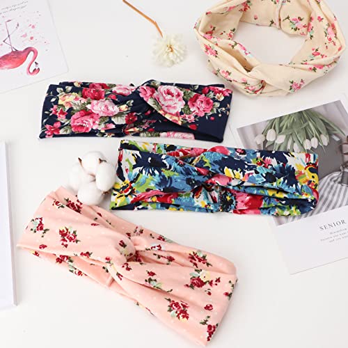 Image of DRESHOW 4 Pack Boho Cotton Non-Slip Headbands for Women Girls Yoga Workout Running Knotted Turban Floral Elastic Head Wrap