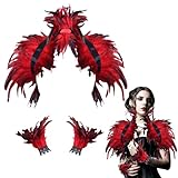 Cuello de plumas rojo con 1 par de puños de plumas, disfraz maléfico para mujer, bufanda roja para mujer, capa de plumas góticas, disfraz de pavo real, para carnaval, cosplay, carnaval (rojo)